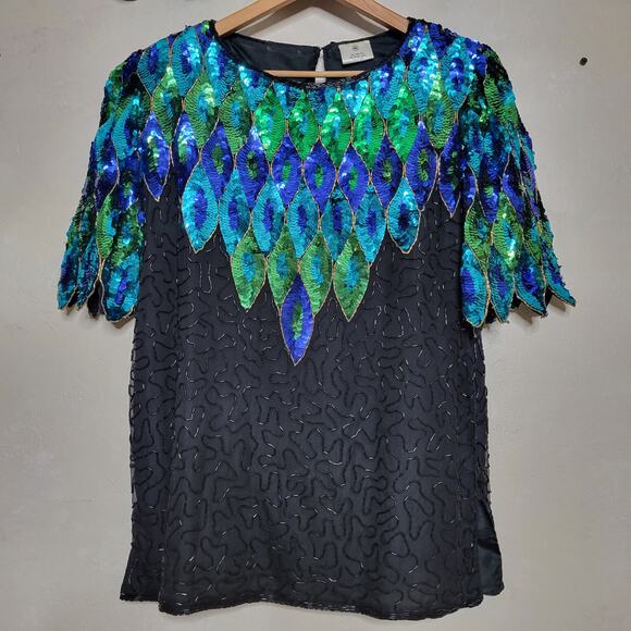 VTG Praise Hymn Fashions Pure Silk Sequin Beaded Green Blue Formal Blouse Top✨️M - Picture 14 of 16
